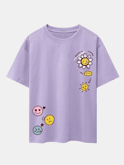 Sun And Flowers Print Drop Shoulder Oversize T-Shirt