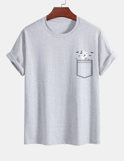 Regular Fit Pocket Bat Ghost Print Cotton T-Shirt
