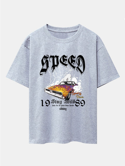 Lightning Speed Car Print Drop Shoulder Oversize T-Shirt