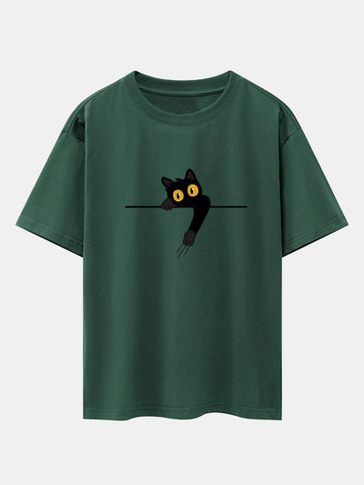 Black Cat Print Drop Shoulder Oversize T-Shirt