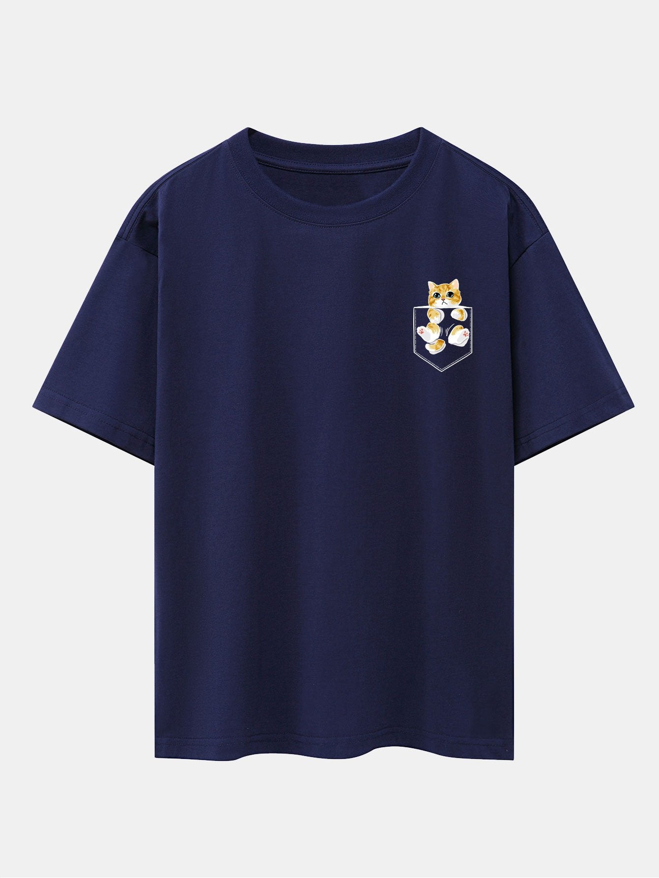 Pocket Cat Print Drop Shoulder Oversize T-Shirt