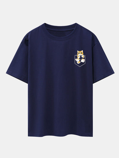 Pocket Cat Print Drop Shoulder Oversize T-Shirt