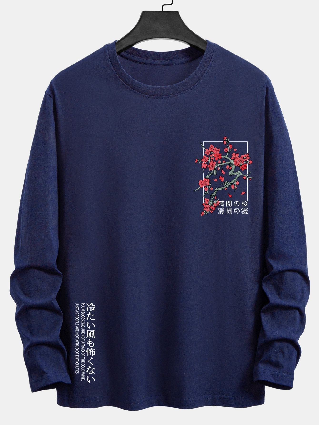 Long Sleeve Cherry Blossom Slogan Print Cotton T-Shirt