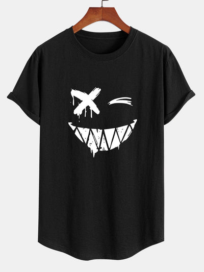 Smiley Face Print Cotton Arc Hem T-Shirt