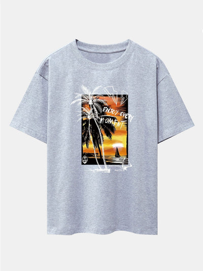 Vacation Sunset Palm Trees Print Drop Shoulder Oversize T-Shirt