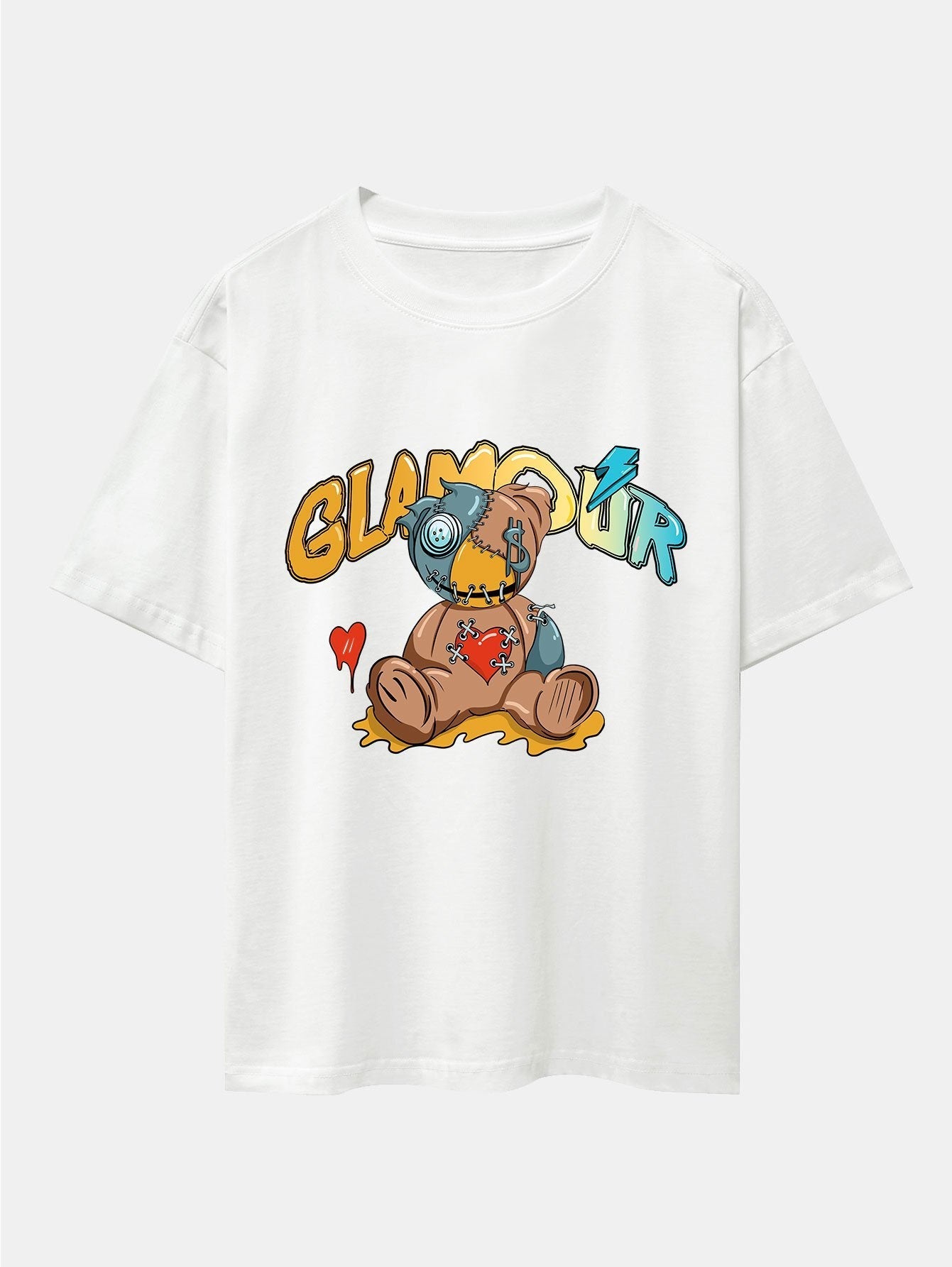 Patched Bear Print Drop Shoulder Oversize T-Shirt