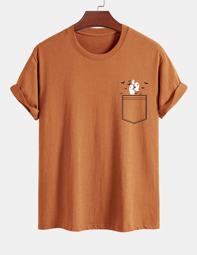 Regular Fit Pocket Bat Ghost Print Cotton T-Shirt