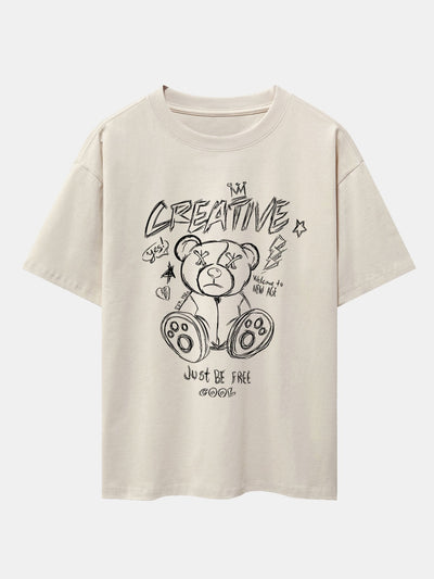 Graffiti Bear Print Drop Shoulder Oversize T-Shirt