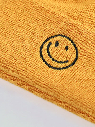 Smiling Embroidered Pattern Solid Color Cuffed Knitted Hat