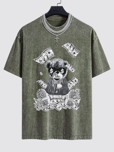 Money Bear Print Washed Drop Shoulder Oversize T-Shirt