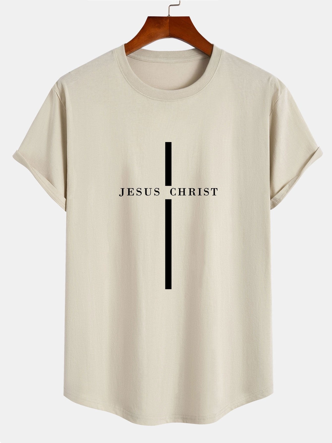 Jesus Christ Stripe Print Cotton Arc Hem T-Shirt