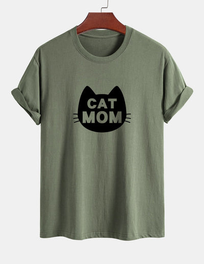 Regular Fit Cat Mom Print Cotton T-Shirt