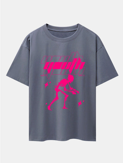 Pink Skeleton Print Drop Shoulder Oversize T-Shirt