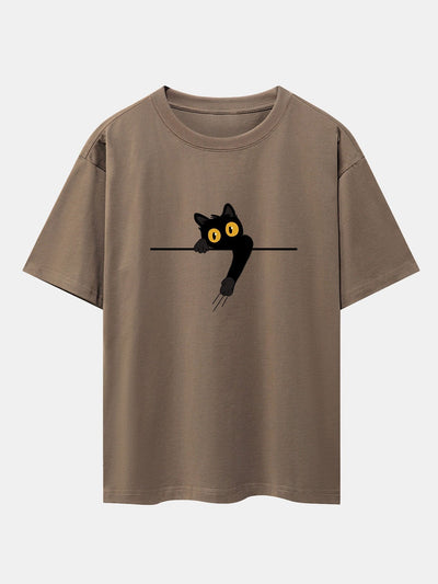 Black Cat Print Drop Shoulder Oversize T-Shirt