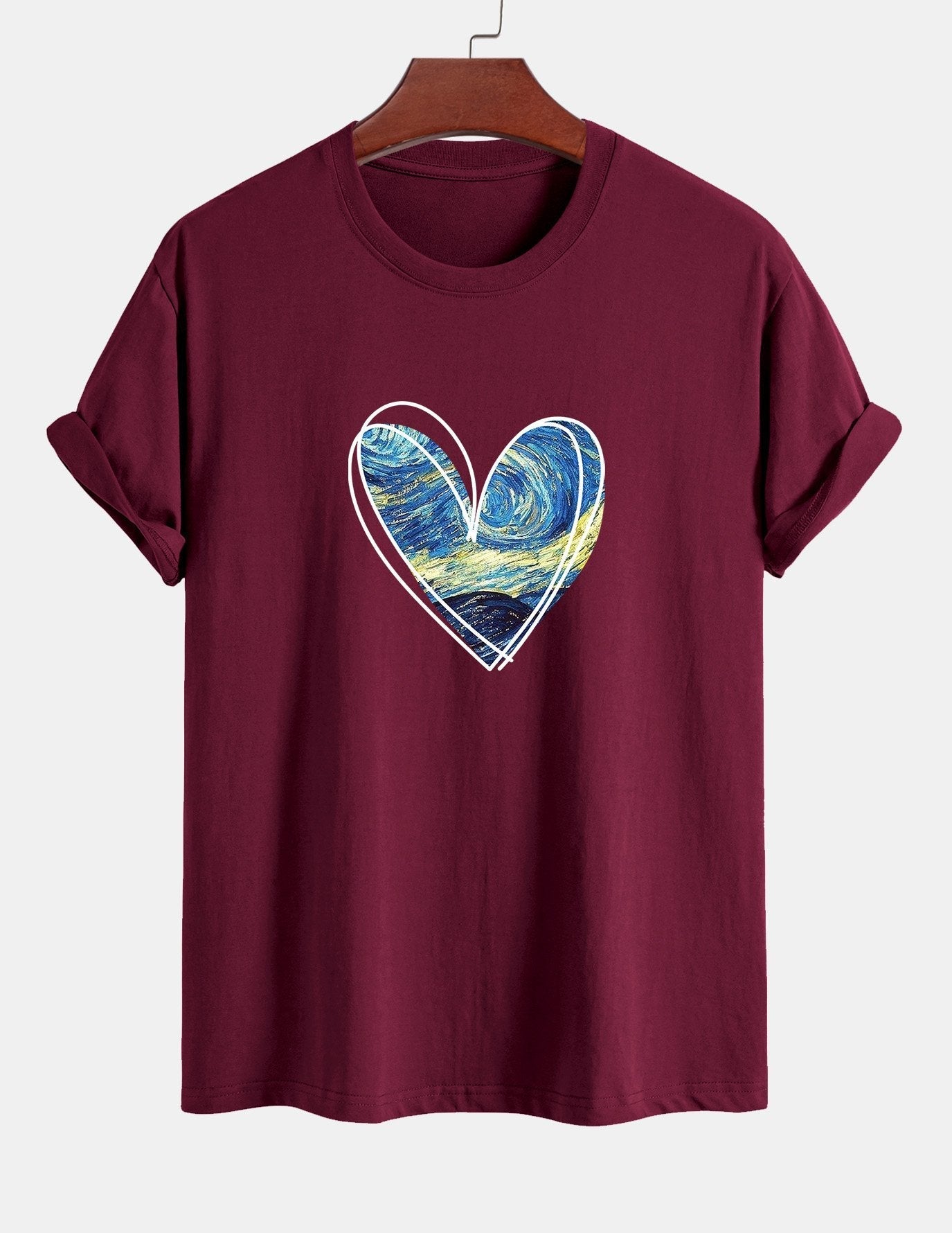 Regular Fit Starry Sky Heart Print Cotton T-Shirt