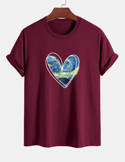 Regular Fit Starry Sky Heart Print Cotton T-Shirt
