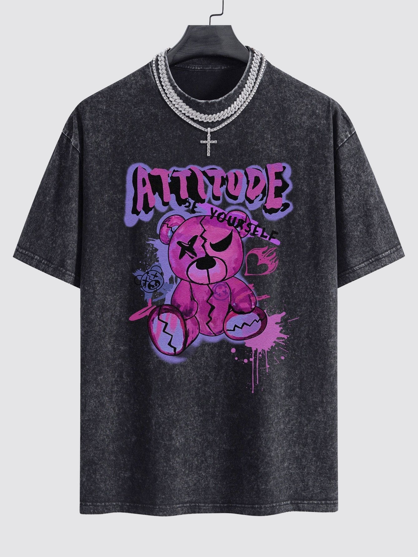 Slogan Violent Bear Print Washed Drop Shoulder Oversize T-Shirt
