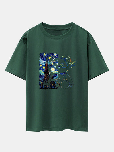 Starry Sky Bear Print Drop Shoulder Oversize T-Shirt