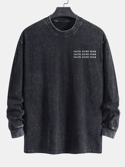 Slogan Print Relax Fit Long Sleeve Washed Distressed T-Shirt