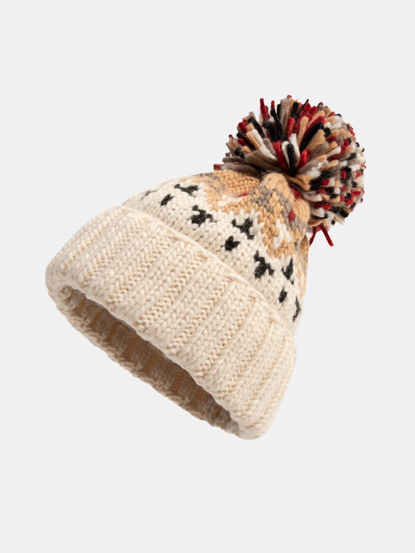 Geometric Pattern Knit Beanie Hat With Pom Pom