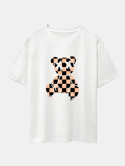 Dissolving Checkerboard Bear Drop Shoulder Oversize T-Shirt
