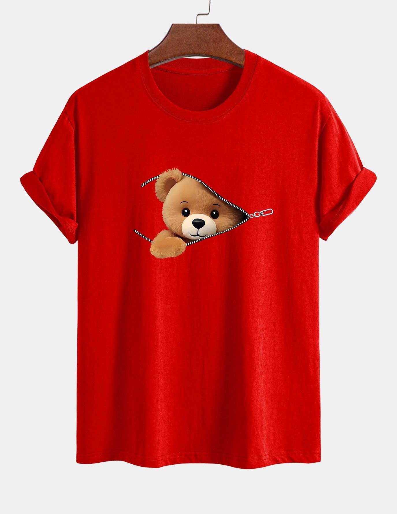 Regular Fit Zipper Bear Print Cotton T-Shirt