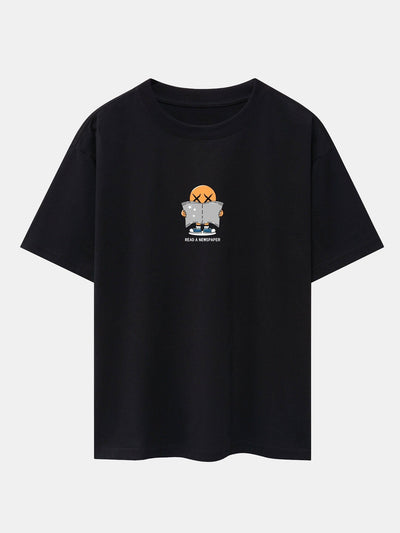 Cartoon Smiley Read Newspaper Print Drop Shoulder Oversize T-Shirt