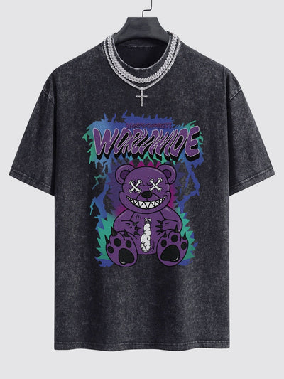 Tattered Bear Print Washed Drop Shoulder Oversize T-Shirt