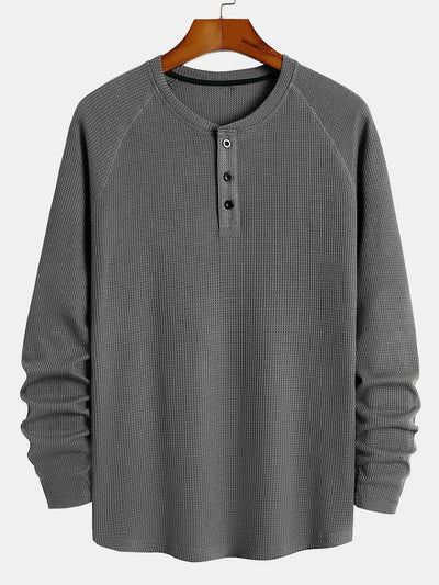 3 Pieces Long Sleeve Arc Hem Waffle Henley Shirt