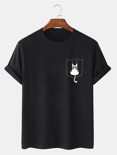 Cat Slipping Out Of Pocket Print T-Shirt