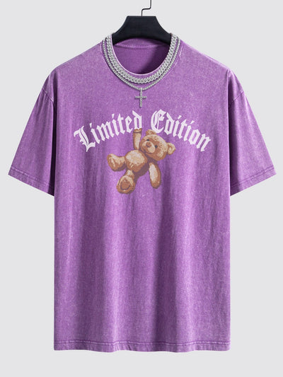 Slogan Bear Print Washed Drop Shoulder Oversize T-Shirt