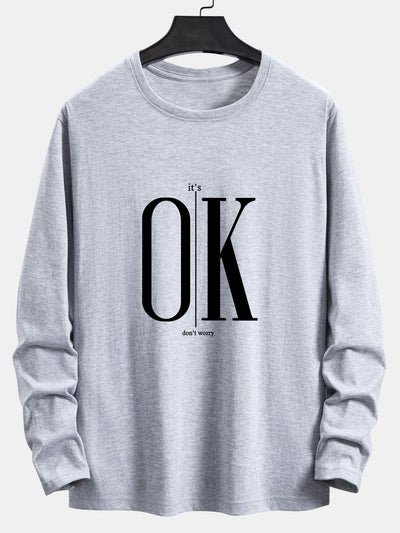 Long Sleeve OK Slogan Print Cotton T-Shirt
