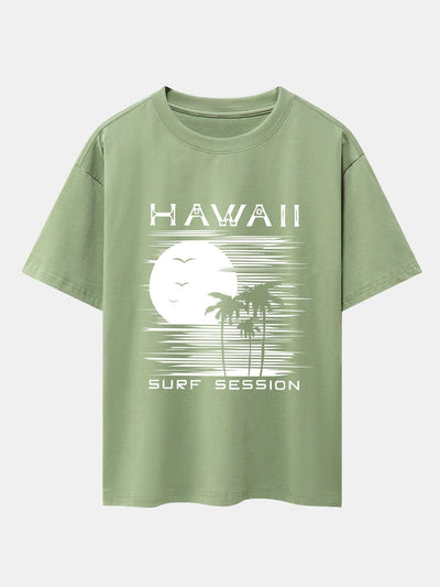 Hawaii Sun Palm Trees Print Drop Shoulder Oversize T-Shirt