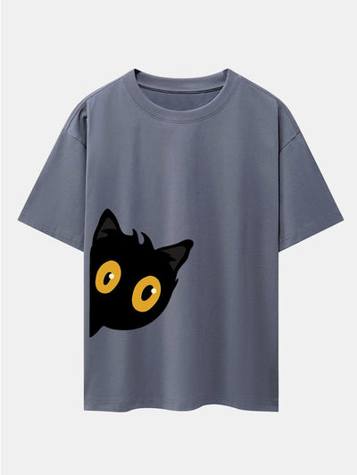 Black Cat Is Watching Print Drop Shoulder Oversize T-Shirt