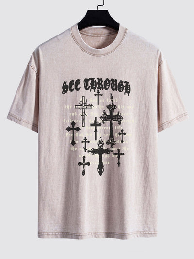 Cross Slogan Print Washed Distressed Drop Shoulder T-Shirt