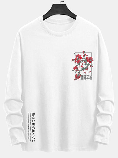 Long Sleeve Cherry Blossom Slogan Print Cotton T-Shirt