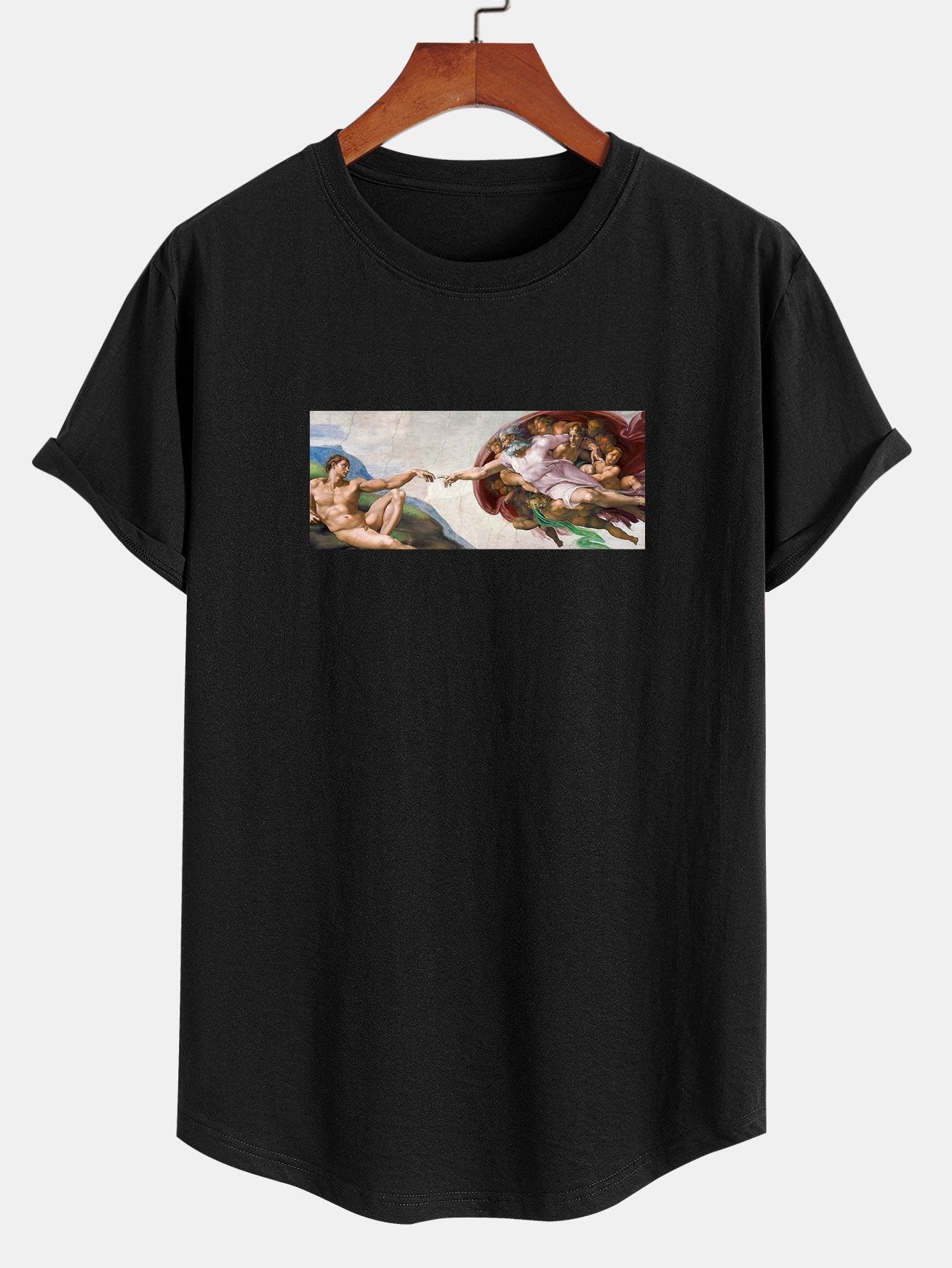 God Created Adam Print Cotton Arc Hem T-Shirt
