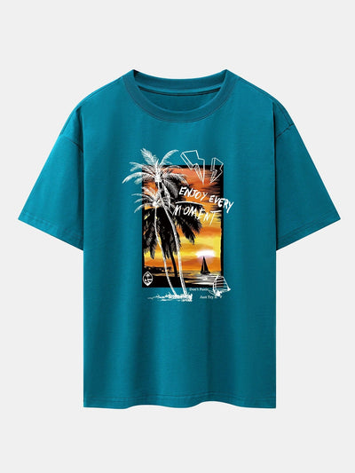 Vacation Sunset Palm Trees Print Drop Shoulder Oversize T-Shirt