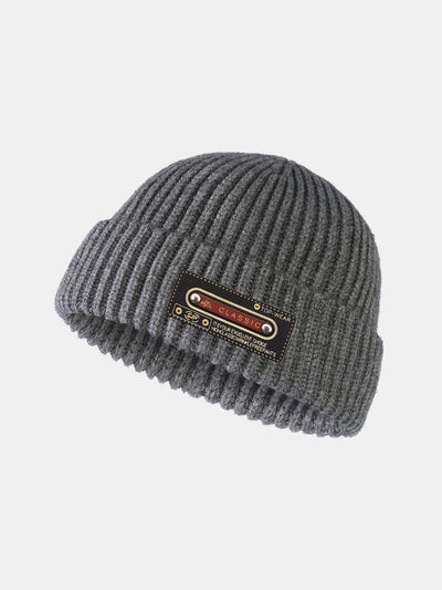 Solid Color Slogan Patch Knit Beanie Hat