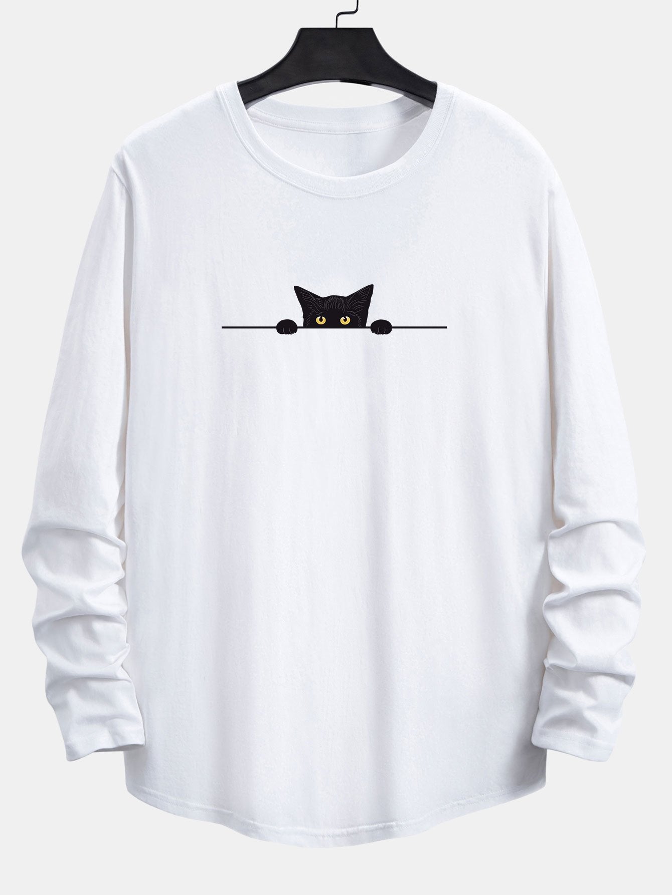 Long Sleeve Black Cat Print Cotton Arc Hem T-Shirt
