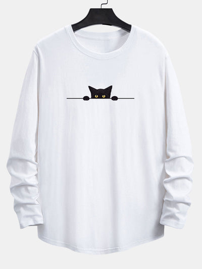 Long Sleeve Black Cat Print Cotton Arc Hem T-Shirt