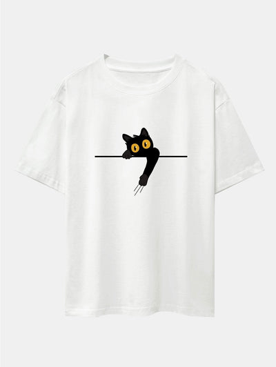 Black Cat Print Drop Shoulder Oversize T-Shirt