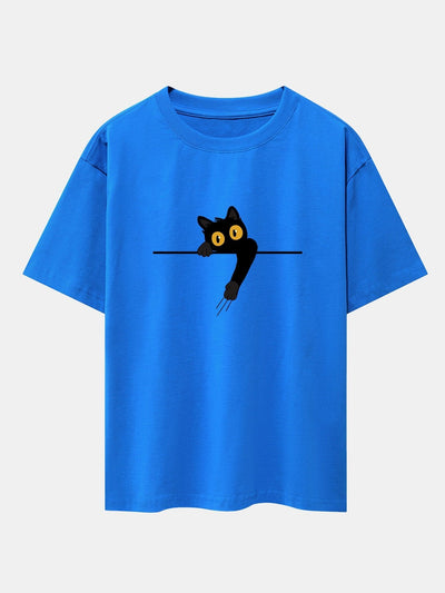 Black Cat Print Drop Shoulder Oversize T-Shirt