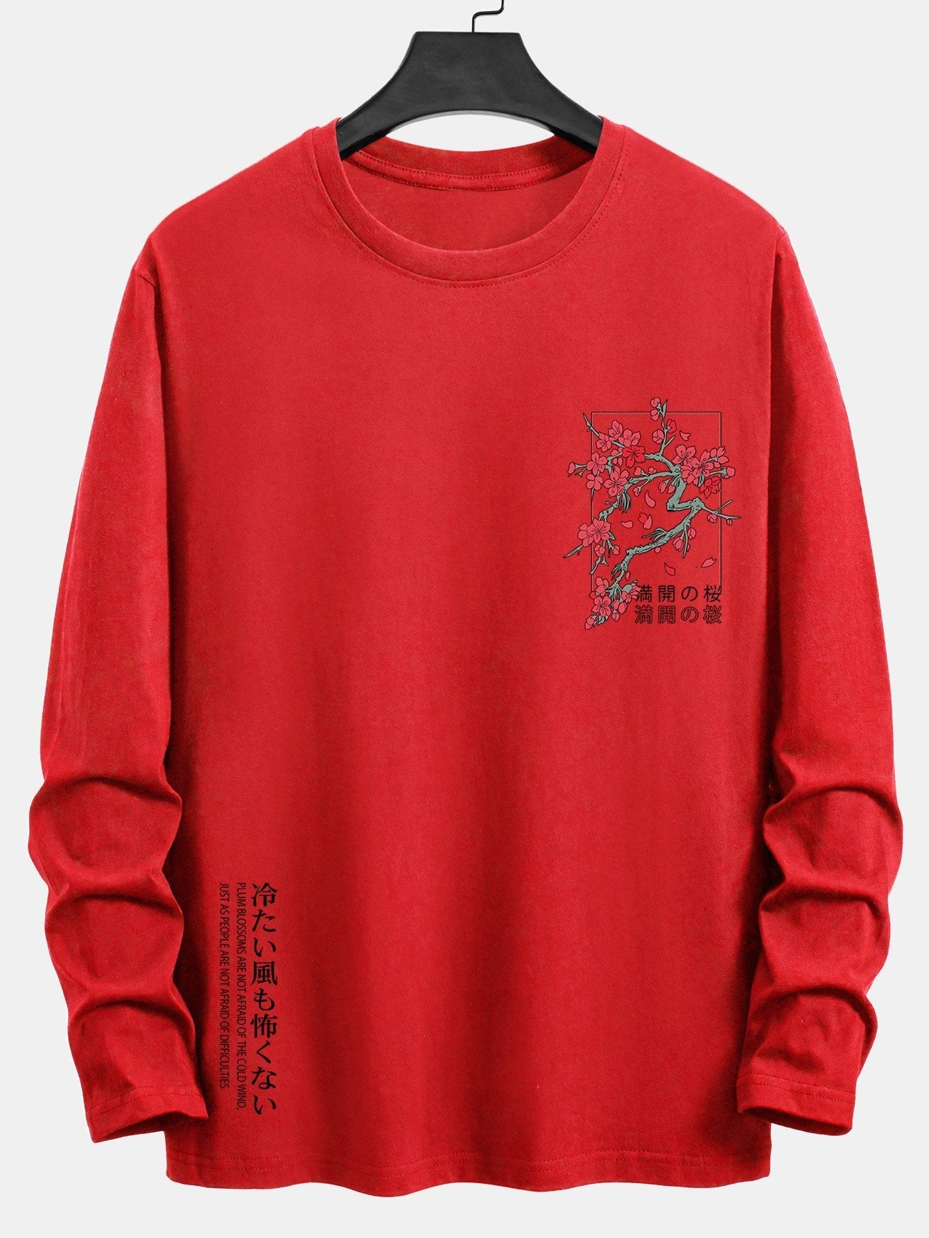Long Sleeve Cherry Blossom Slogan Print Cotton T-Shirt