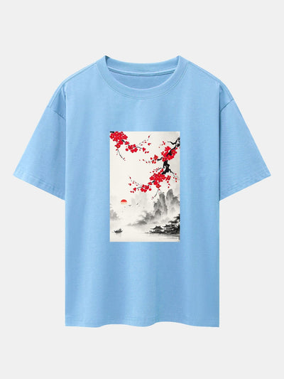 Flower Ink Landscape Print Drop Shoulder Oversize T-Shirt