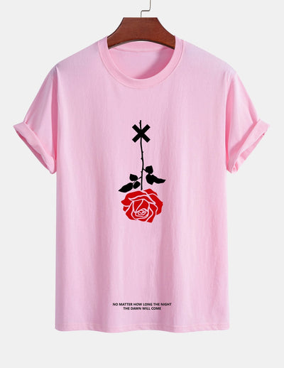 Regular Fit Inverted Rose Slogan Print Cotton T-Shirt