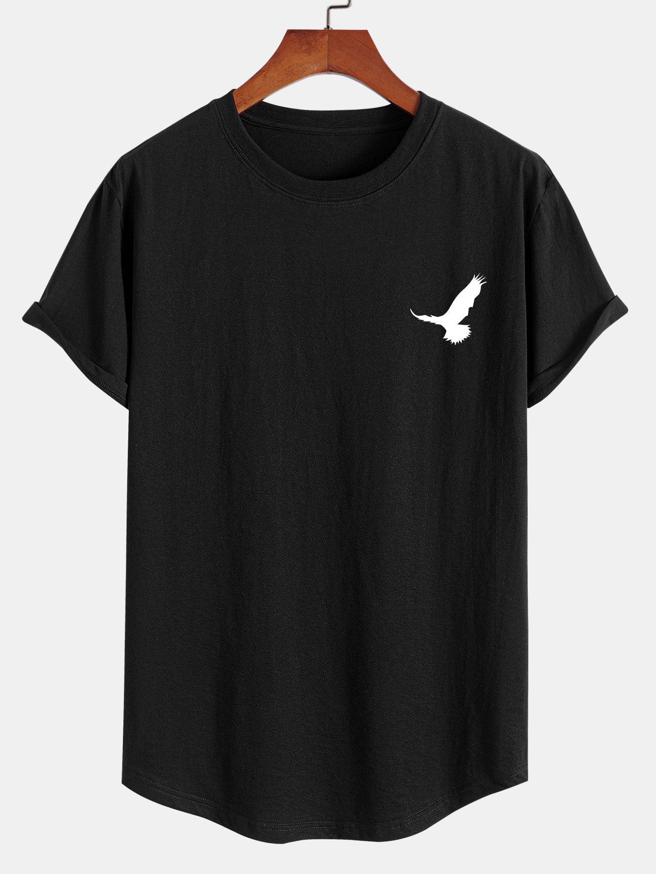 Flying Eagle Print Cotton Arc Hem T-Shirt