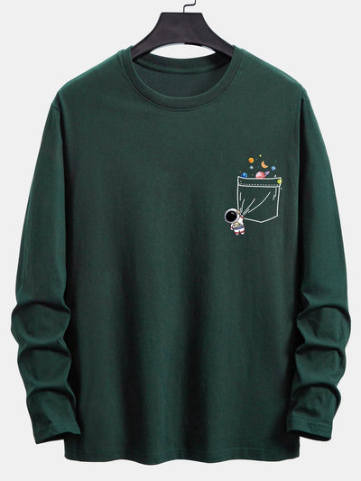 Long Sleeve Pocket Planet Astronaut Print Cotton T-Shirt