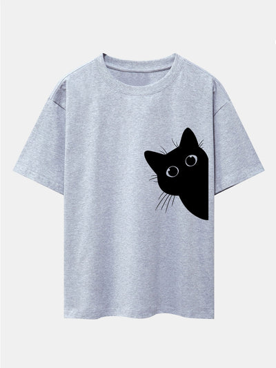 Black Cat Print Drop Shoulder Oversize T-Shirt