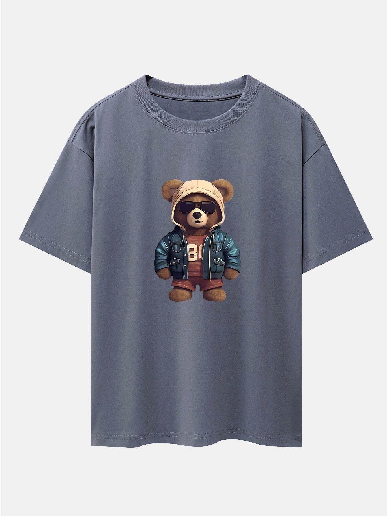 Bear In Leather Jacket Print Drop Shoulder Oversize T-Shirt